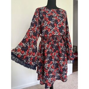 Altar'd State Floral Print Dress navy Bell Sleeve Mini Dress women XL‎